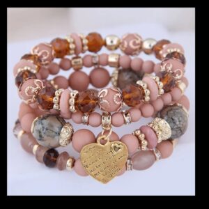 Vintage Glow Beaded Bracelet Set - Amber, Gold & Earthstone Charm