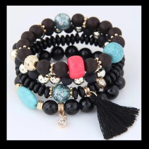 Midnight Mirage Beaded Bracelet Set – Turquoise, Coral & Onyx Accents