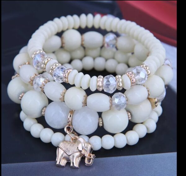 Ivory Dreams Beaded Bracelet Set – Crystal Accents & Elephant Charm