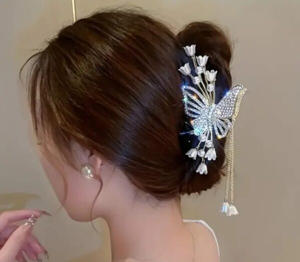 Gilded Wings Hair Claw – Pearl Butterfly & Lily Charm Clip - Image 3
