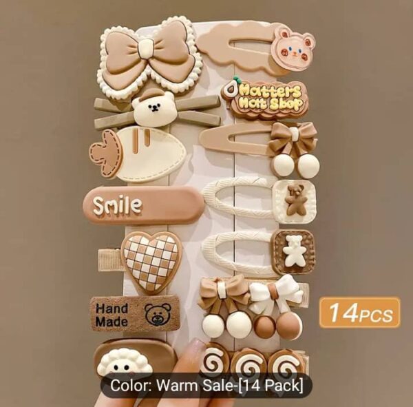 Kawaii Bear & Bow Hair Clip Set – 14-Piece Handmade Pack